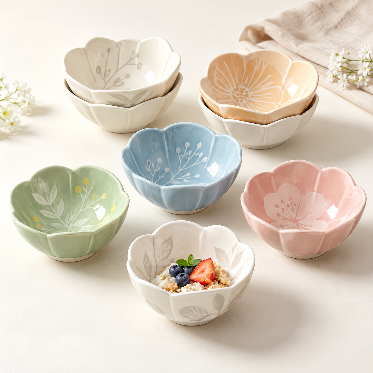 Nordic Pastel Floral Ceramic Bowl Set / Minimalist Tableware Collection