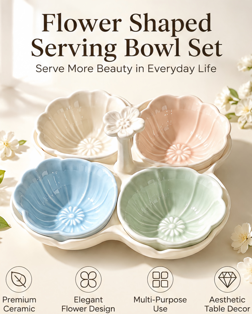 Ceramic Flower-Shaped Serving Bowl Set | 4-Compartment Divided Snack & Fruit Dish with Rack