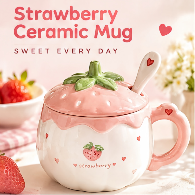 Sweet Strawberry Aesthetic Ceramic Mug Set / Cute Milk & Breakfast Cup
