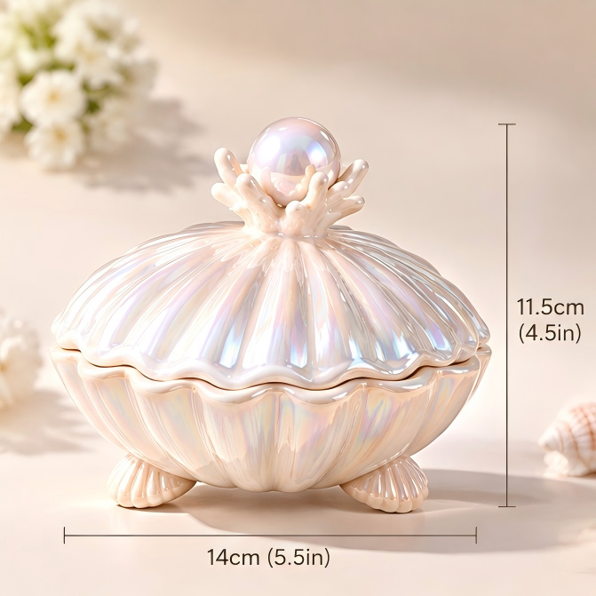Iridescent Pearl Shell Ceramic Bowl with Lid | Ocean-Inspired Jewelry Box & Snack Dish