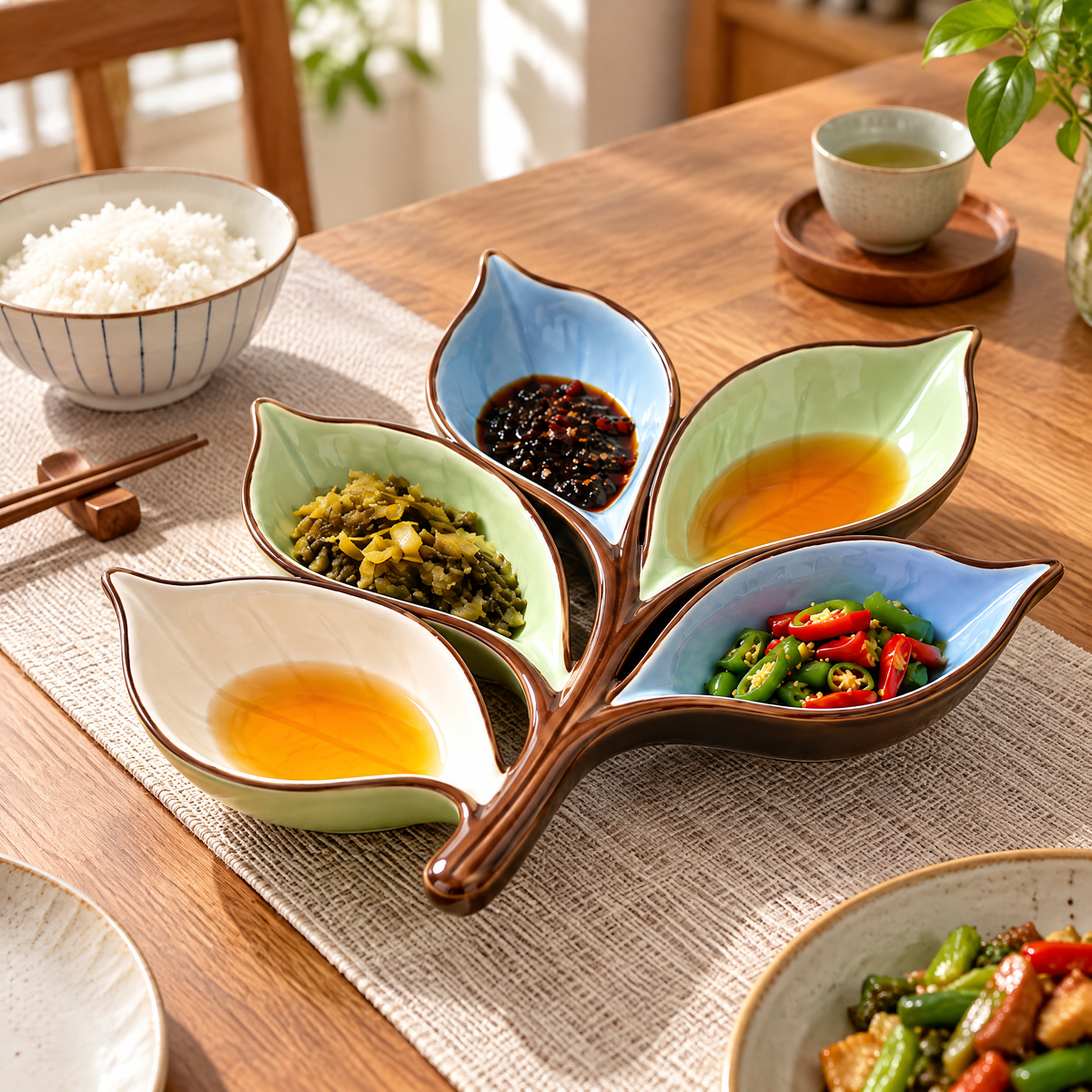 Ceramic Leaf-Shaped Serving Dish | 5-Compartment Divided Snack, Fruit & Sauce Platter