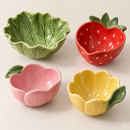 Fruit & Flower Ceramic Bowls Set | Cute Botanical Salad, Fruit & Snack Bowls