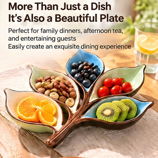 Ceramic Leaf-Shaped Serving Dish | 5-Compartment Divided Snack, Fruit & Sauce Platter