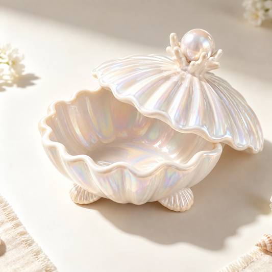 Iridescent Pearl Shell Ceramic Bowl with Lid | Ocean-Inspired Jewelry Box & Snack Dish