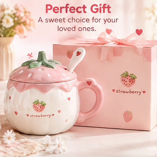 Sweet Strawberry Aesthetic Ceramic Mug Set / Cute Milk & Breakfast Cup