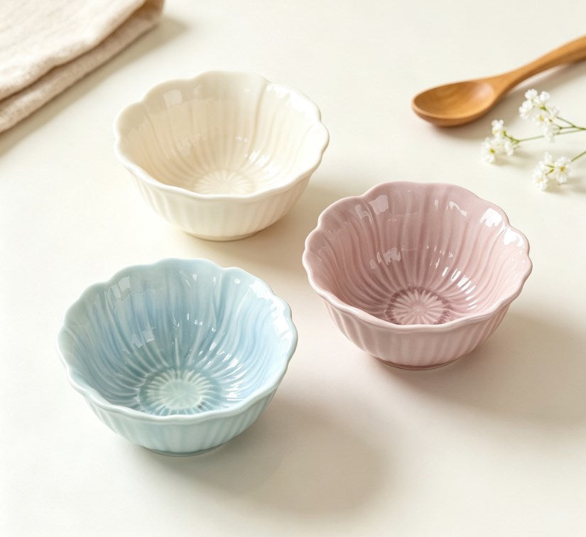 3-Piece Ceramic Dessert Bowl Set | Red, Purple & Blue Bud Series Fruit & Salad Bowls for Home and Restaurants