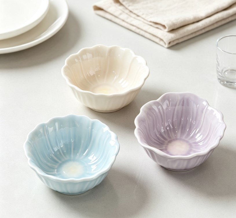 3-Piece Ceramic Dessert Bowl Set | Red, Purple & Blue Bud Series Fruit & Salad Bowls for Home and Restaurants