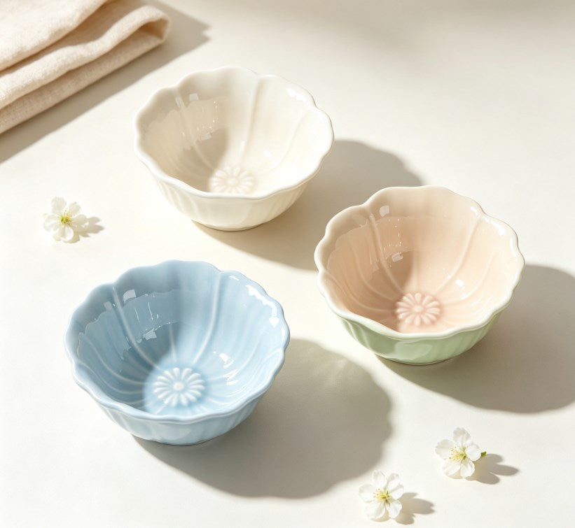 3-Piece Ceramic Dessert Bowl Set | Red, Purple & Blue Bud Series Fruit & Salad Bowls for Home and Restaurants