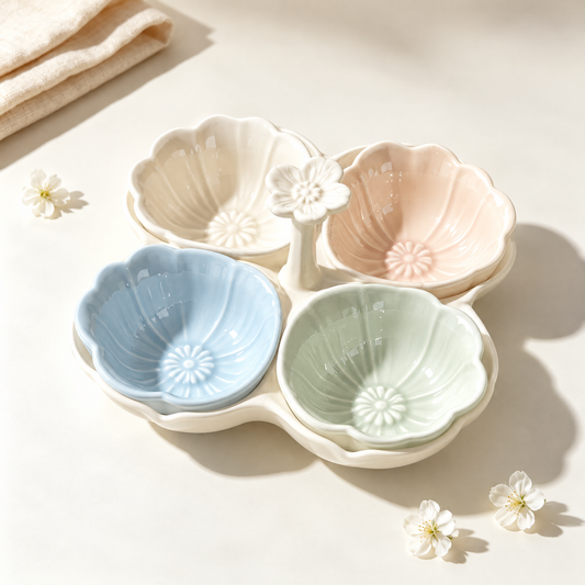 Ceramic Flower-Shaped Serving Bowl Set | 4-Compartment Divided Snack & Fruit Dish with Rack