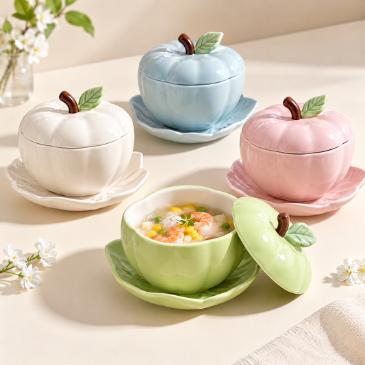 Botanical Apple Ceramic Serving Bowl Set / Aesthetic Kitchenware & Food Storage