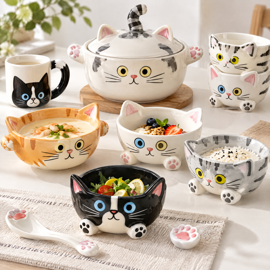 Aesthetic Cartoon Cat Soup & Rice Bowl / Cat Lover's Kitchenware Collection