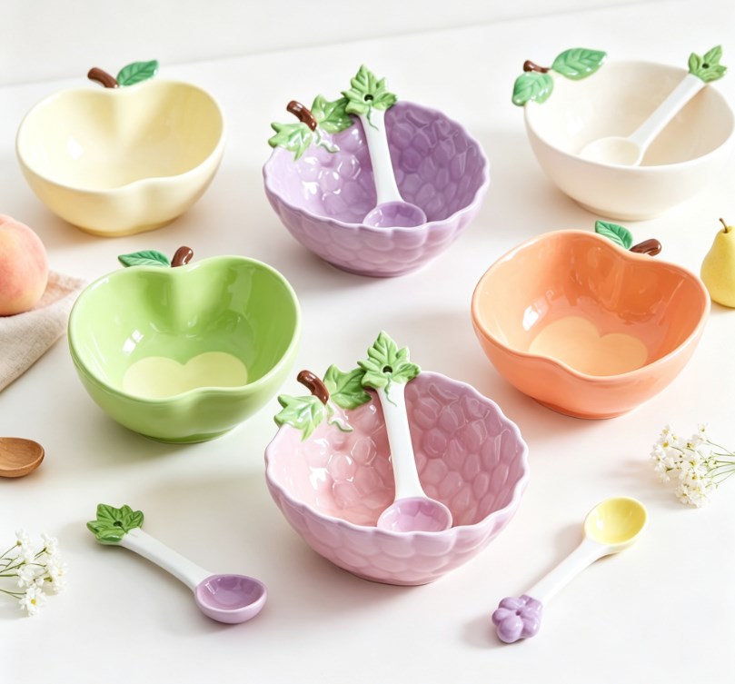 Creative Lemon Shaped Ceramic Fruit Bowl & Spoon Set | Heat-Resistant Tableware for Salad, Pasta & Kitchen Decor