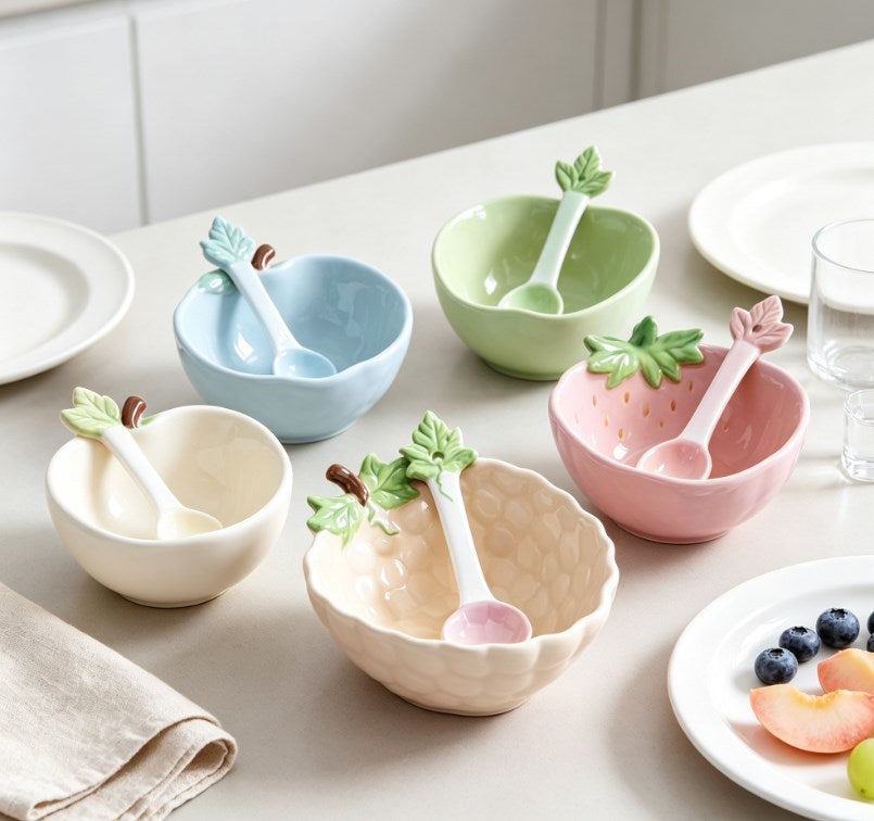 Creative Lemon Shaped Ceramic Fruit Bowl & Spoon Set | Heat-Resistant Tableware for Salad, Pasta & Kitchen Decor