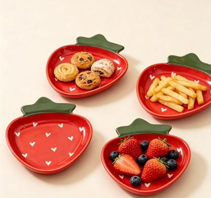 Decorative Ceramic Snack & Appetizer Plates with Strawberry & Leaf Motif | 4-Piece Set for Weddings, Thanksgiving & Parties