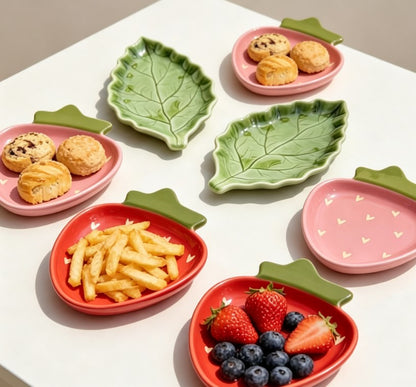 Decorative Ceramic Snack & Appetizer Plates with Strawberry & Leaf Motif | 4-Piece Set for Weddings, Thanksgiving & Parties