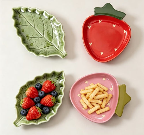 Decorative Ceramic Snack & Appetizer Plates with Strawberry & Leaf Motif | 4-Piece Set for Weddings, Thanksgiving & Parties