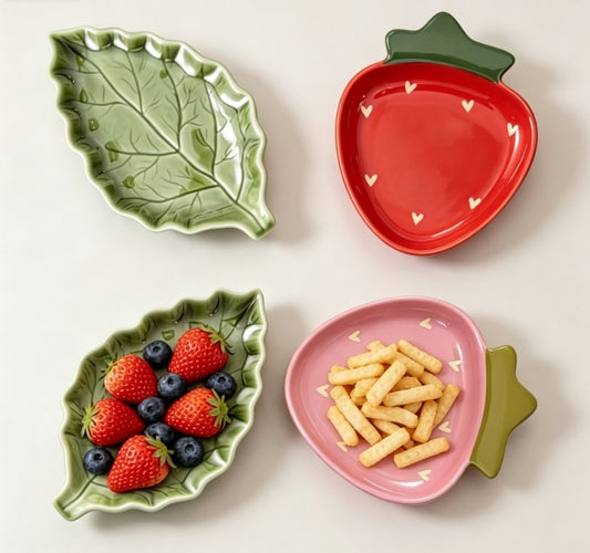 Decorative Ceramic Snack & Appetizer Plates with Strawberry & Leaf Motif | 4-Piece Set for Weddings, Thanksgiving & Parties