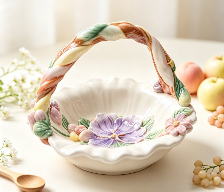 Hand-Painted Ceramic Fruit Bowl & Floral Decorative Dish | Pansy, Tulip & Hydrangea Tabletop Snack Bowl for Home Decor