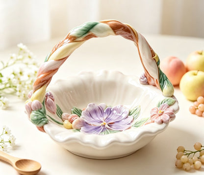 Hand-Painted Ceramic Fruit Bowl & Floral Decorative Dish | Pansy, Tulip & Hydrangea Tabletop Snack Bowl for Home Decor