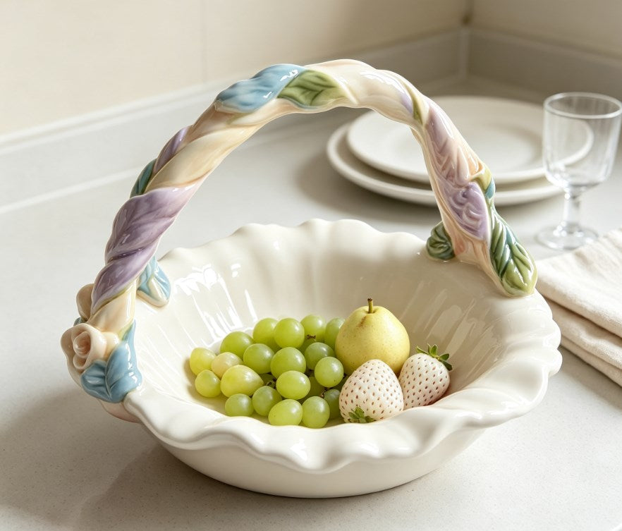 Hand-Painted Ceramic Fruit Bowl & Floral Decorative Dish | Pansy, Tulip & Hydrangea Tabletop Snack Bowl for Home Decor