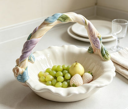 Hand-Painted Ceramic Fruit Bowl & Floral Decorative Dish | Pansy, Tulip & Hydrangea Tabletop Snack Bowl for Home Decor