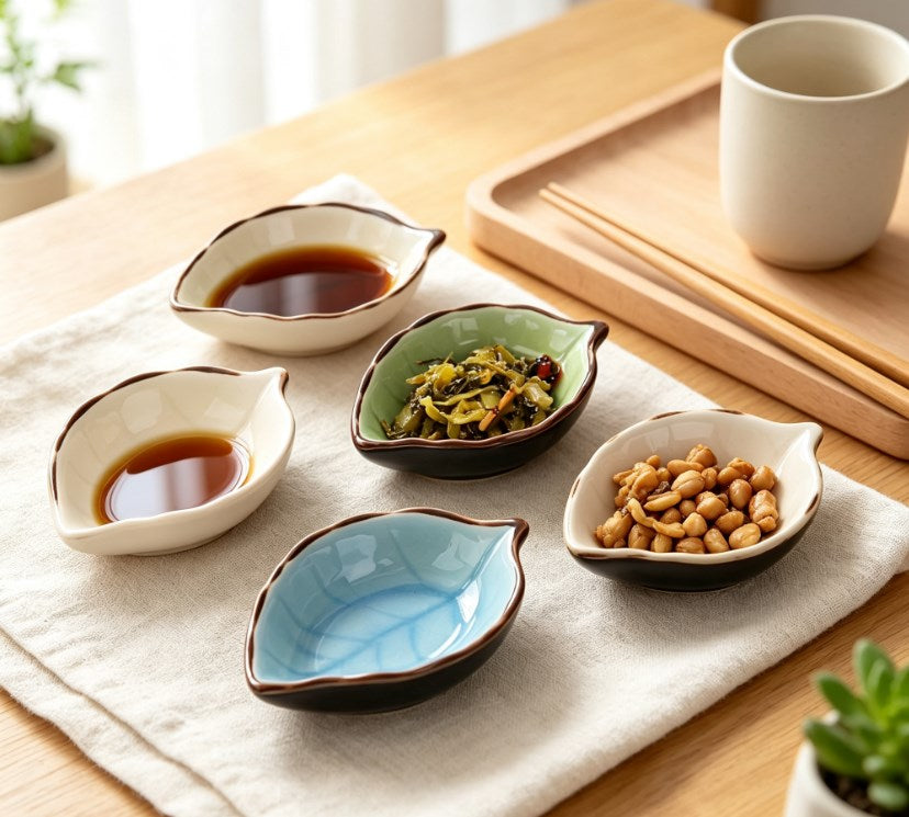 Leaf Ceramic Small Dish & Condiment Plate for Sauce, Vinegar, Snacks | Ice Crackle Glaze Kitchen & Tableware
