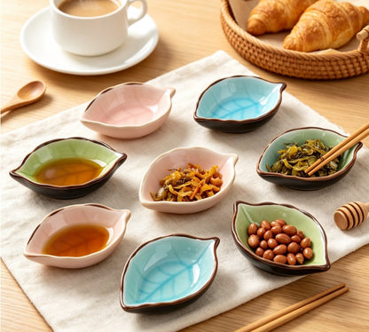 Leaf Ceramic Small Dish & Condiment Plate for Sauce, Vinegar, Snacks | Ice Crackle Glaze Kitchen & Tableware