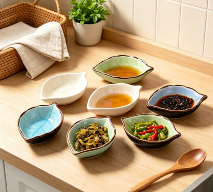 Leaf Ceramic Small Dish & Condiment Plate for Sauce, Vinegar, Snacks | Ice Crackle Glaze Kitchen & Tableware