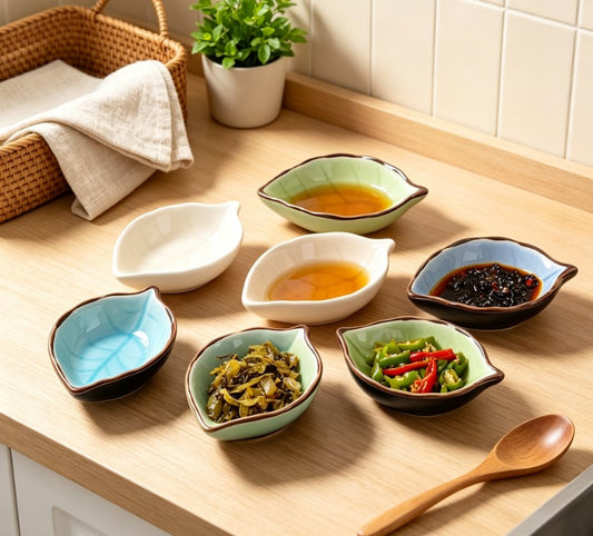 Leaf Ceramic Small Dish & Condiment Plate for Sauce, Vinegar, Snacks | Ice Crackle Glaze Kitchen & Tableware