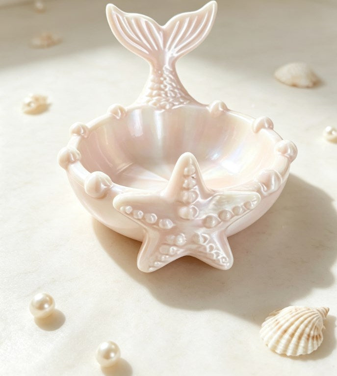 Mermaid Starfish Storage Tray & Jewelry Dish | Coastal Decor Trinket Bowl & Key Coin Organizer for Vanity & Entryway
