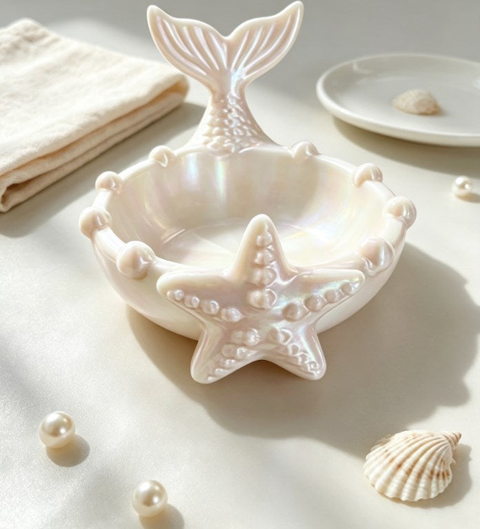Mermaid Starfish Storage Tray & Jewelry Dish | Coastal Decor Trinket Bowl & Key Coin Organizer for Vanity & Entryway