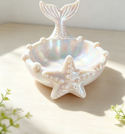 Mermaid Starfish Storage Tray & Jewelry Dish | Coastal Decor Trinket Bowl & Key Coin Organizer for Vanity & Entryway