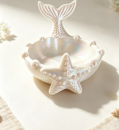 Mermaid Starfish Storage Tray & Jewelry Dish | Coastal Decor Trinket Bowl & Key Coin Organizer for Vanity & Entryway